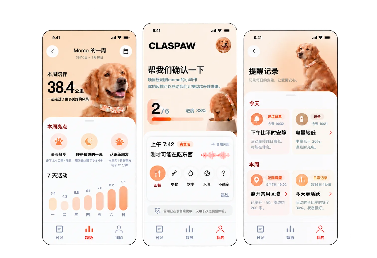 CLASPAW 三套未来交互界面组合图，依次展示一周回顾、行为确认与提醒记录
